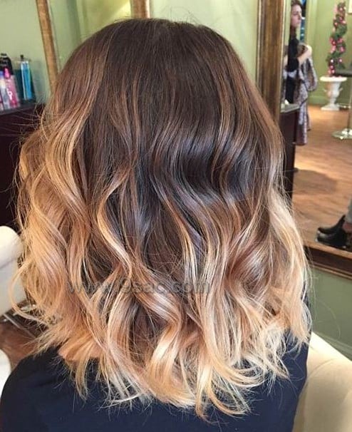 Long bob hair on gold balayage colors